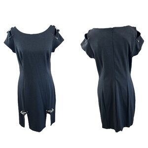 NWT $230 Bloomingdale’s ABS by Allen Schwartz Rhinestone Pin Slit Grey Dress